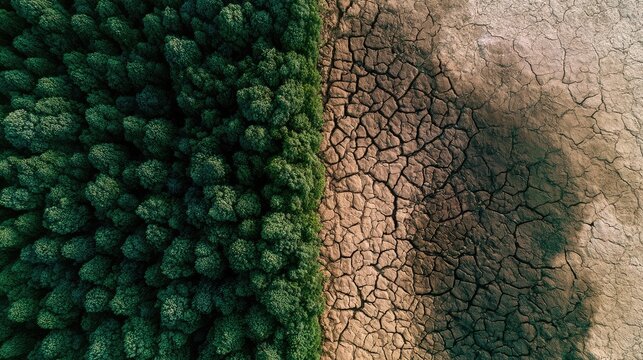 Lush forest meets cracked, dry earth, a stark contrast