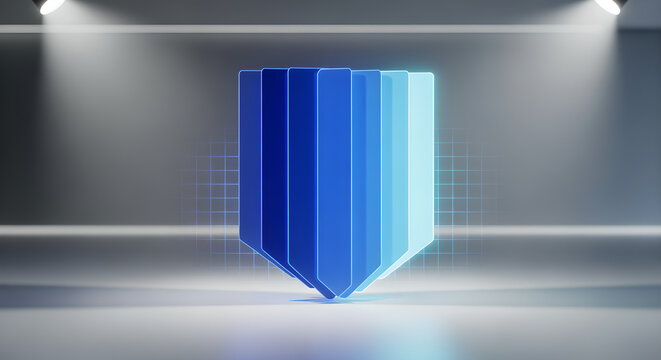 Spotlights shine on a 3D blue cube