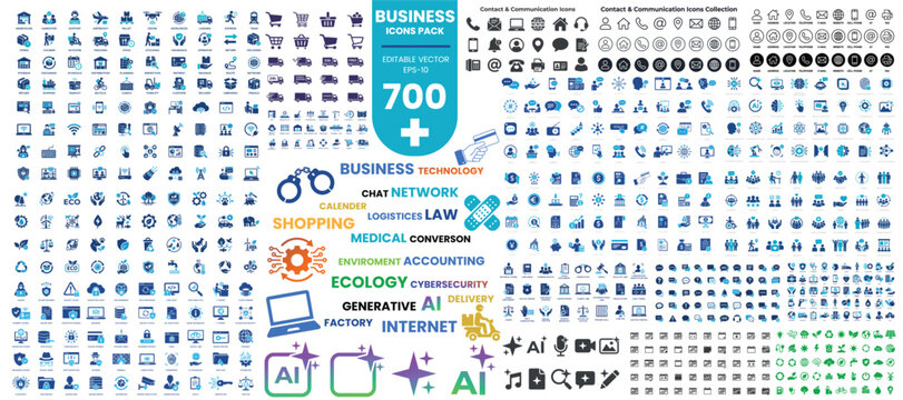 700 Business Icons Pack. Editable Vector Collection for Technology Communication Shopping Logistics and Finance. Vector illustration.