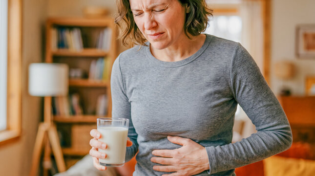 Person holding milk glass with stomach pain lactose intolerance
