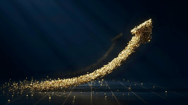 Ascending performance curve of golden particles &ndash; Suitable for revenue acceleration, business success, or market expansion.