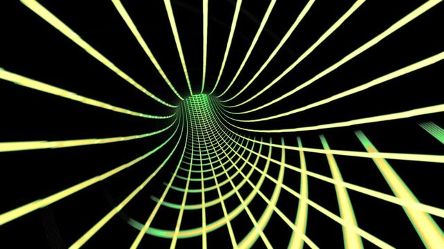 Abstract digital tunnel with glowing lines and grid patterns moving forward