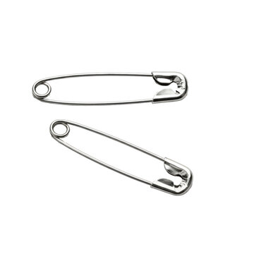 Photorealistic macro still life of two pristine, highly polished chrome safety pins, open and closed, side-by-side on a transparent background, dramatic high-key lighting concept of function and