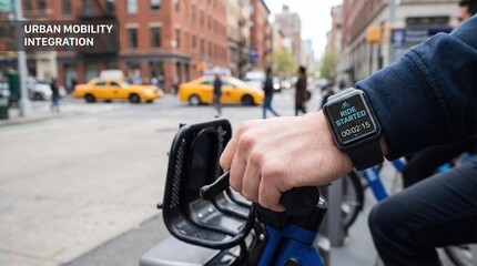 Fototapeta premium next gen payment concept. Person starting a bike-share ride on a city street with taxis