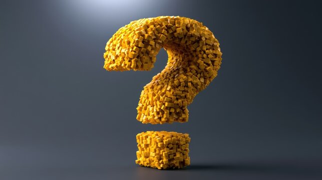 A textured, golden question mark floats against a dark, gradient background