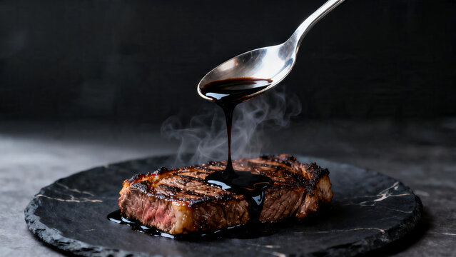 Close-up of balsamic glaze drizzled onto seared beef steak