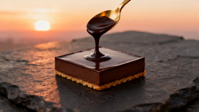 Thick chocolate ganache dripping from gold spoon onto square tart
