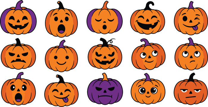 Collection of orange jack o lantern faces with various expressions vector illustration