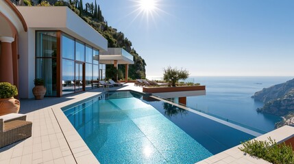 Fototapeta premium Luxury villa infinity pool overlooking amalfi coast, enjoying views of italian coastline and mediterranean sea