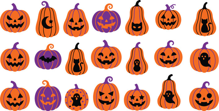 Halloween pumpkins and spooky motifs flat icons on a white background