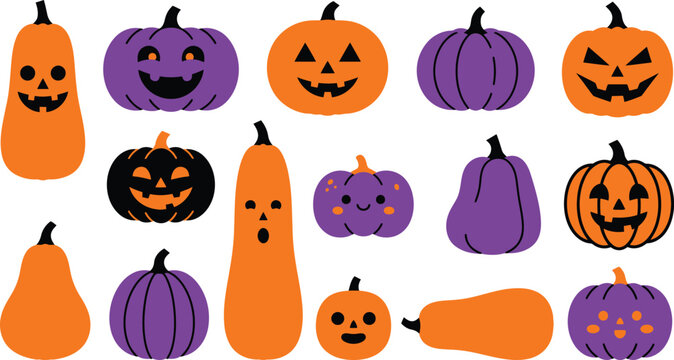 Colorful halloween pumpkins and gourds vector illustration on white background