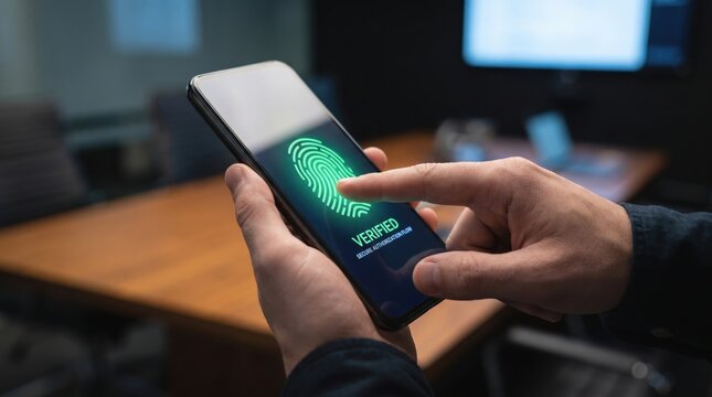 next gen payment concept. Hand holding smartphone showing fingerprint verification on screen