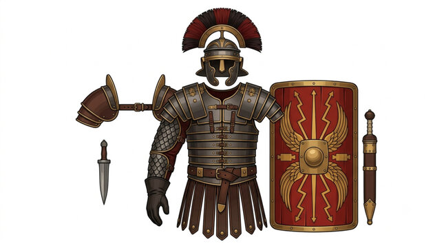 Roman soldier armor set vector illustration, ancient military equipment with helmet, shield, and sword isolated on white background.