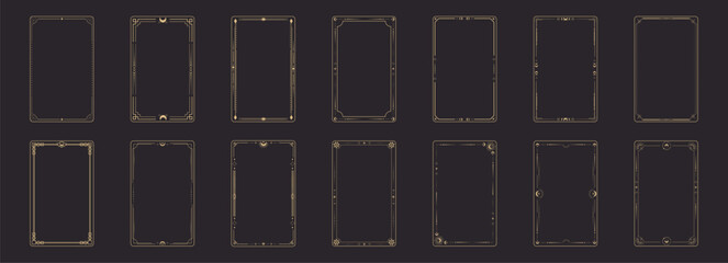 Fototapeta na wymiar Celestial boho gold frames collection, dividers. Esoteric deco border. Elegant thin lines, moon crescent, sun, stars decorations. Tarot card template, occult design set