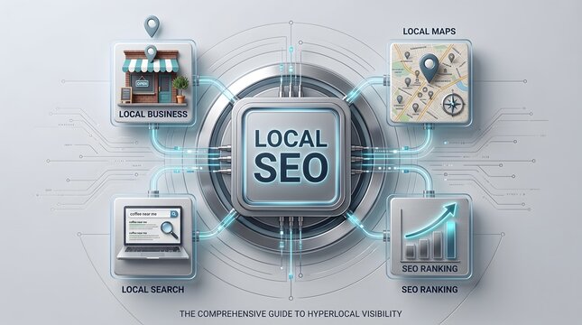 Local SEO strategy infographic concept displaying digital marketing framework for hyperlocal business search visibility and map ranking