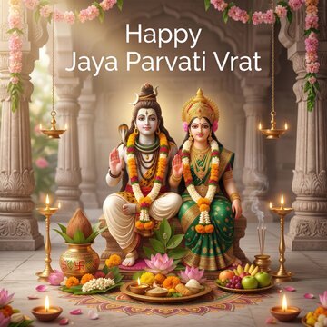 Hindu deities lord shiva and goddess parvati sitting together with floral garlands, brass lamps, and offerings for jaya parvati vrat celebration