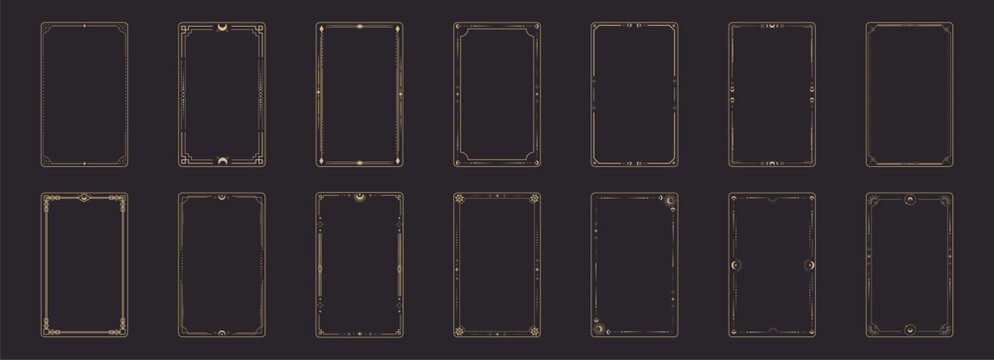 Celestial boho gold frames collection, dividers. Esoteric deco border. Elegant thin lines, moon crescent, sun, stars decorations. Tarot card template, occult design set
