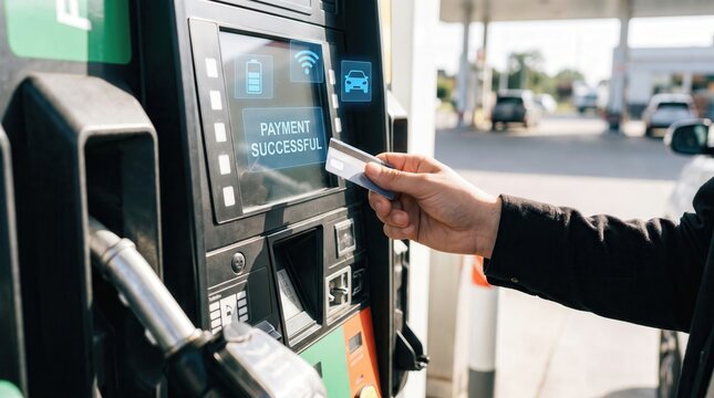 next gen payment concept. Hand paying with a card at a gas station pump