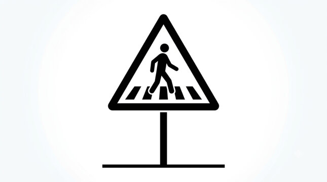 Pedestrian crossing traffic sign icon, black and white walking man on zebra cross vector illustration.