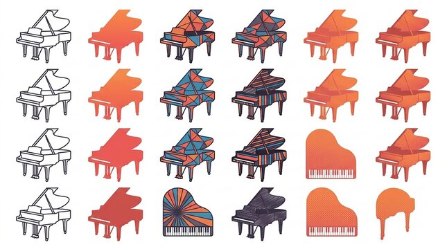 Colorful collection of abstract grand piano illustrations with various patterns and gradients