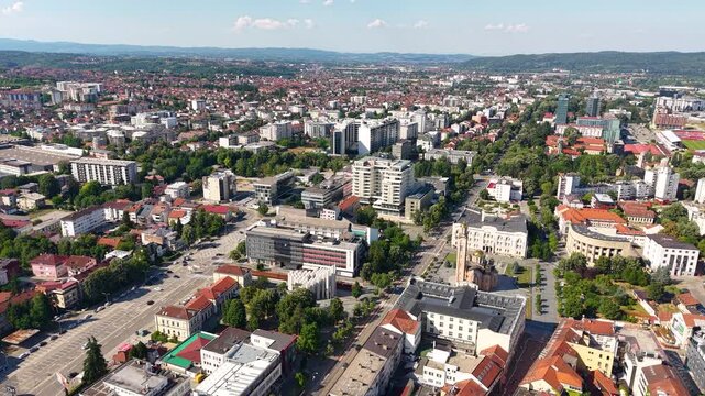 Banja Luka, Republika Srpska, Bosnia and Herzegovina. Drone Shot of City Downtown Buildings on Sunny Day