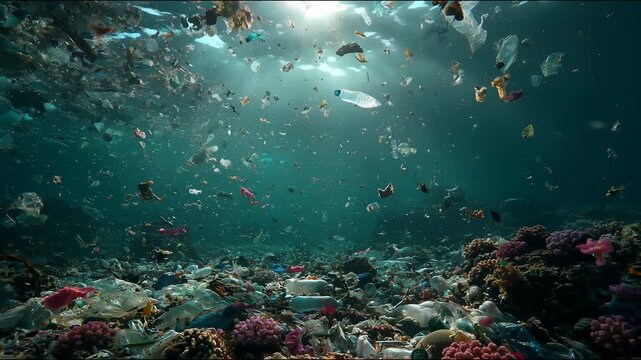 An ocean littered with plastic waste amongst the coral reefs highlights an environmental disaster and provides a sobering backdrop for campaigns promoting marine conservation and sustainable consumpti