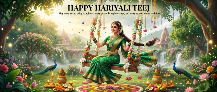 Indian woman in green saree sitting on a floral decorated swing, celebrating hariyali teej festival with peacocks, lush garden setting, traditional lamps, and rangoli