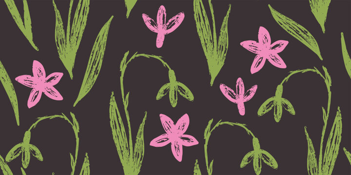 Hand-Drawn Pink and Green Textured Floral Pattern Background