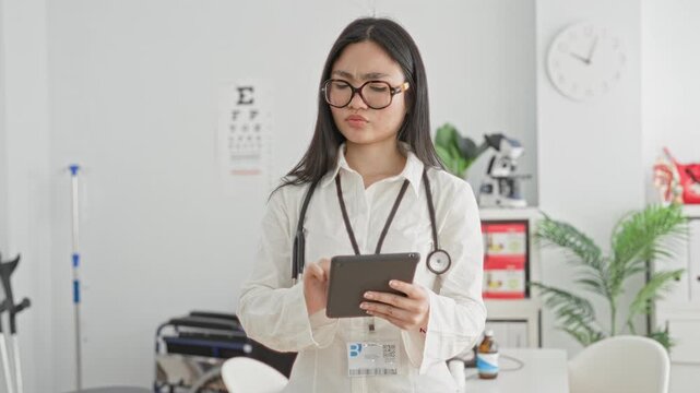 Woman doctor holds and taps a tablet, stethoscope visible, reviewing patient notes in clinic building; focused care.
