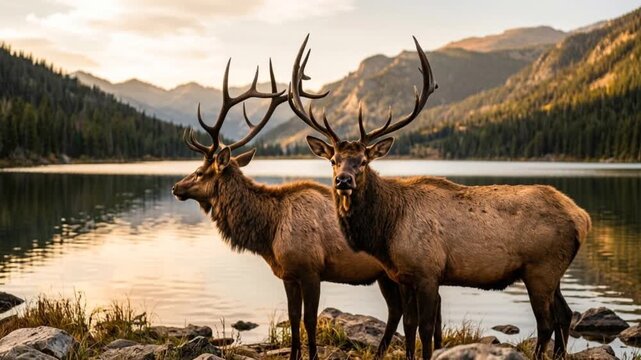 two elk close up in yellowstone national park at golden light video
