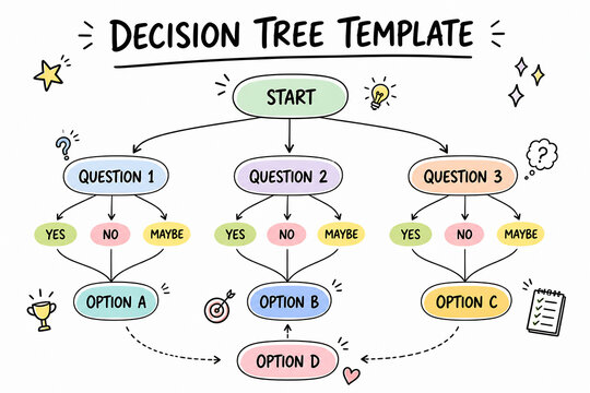 A colorful, hand-drawn decision tree template illustrating a flow chart with questions and options.