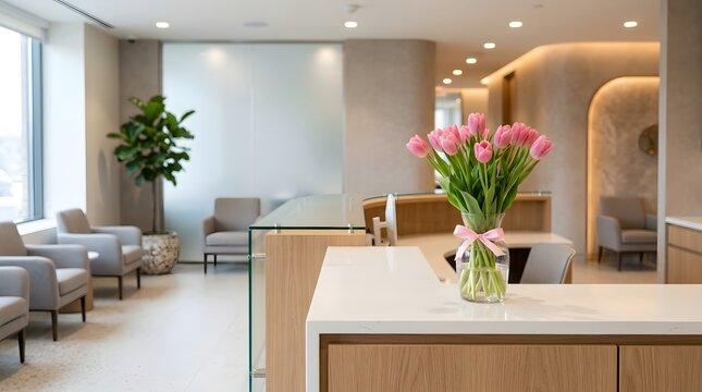 Modern medical office reception area with a vase of pink tulips on the front desk and comfortable seating in the waiting room