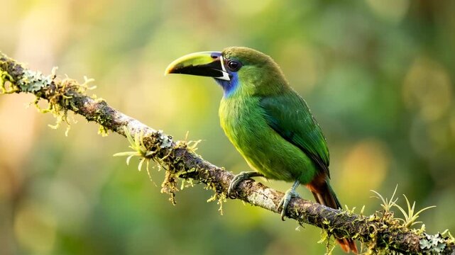 emerald toucanet close up in costa rica cloud forest at morning light video