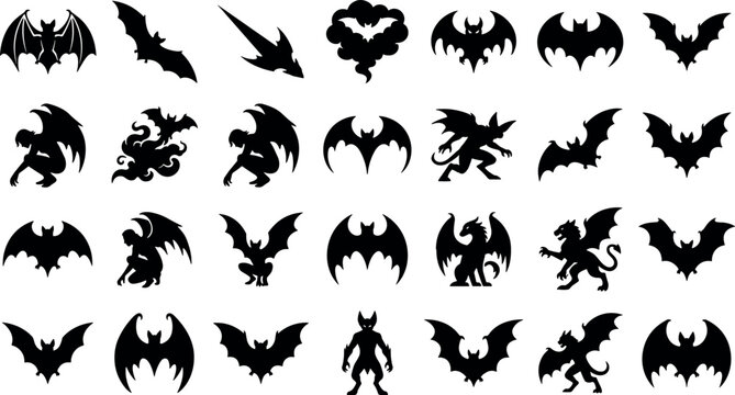 Gothic gargoyle and bat silhouettes collection mythical fantasy creatures and Halloween vector icons logo design set