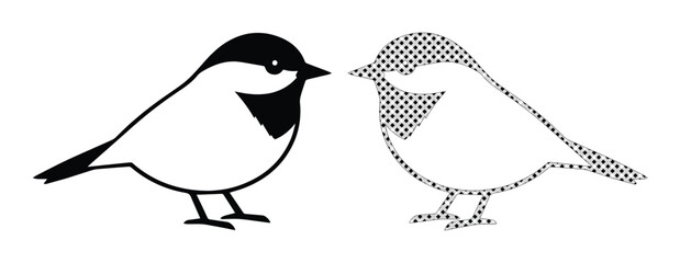 Minimalist black and white bird vector, cute chickadee outline illustration, simple avian graphic design element, nature-inspired animal icon for branding and decor © Asma