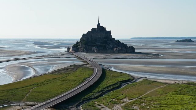Cinematic aerial drone view of Mont Saint-Michel featuring the iconic medieval abbey, the elevated causeway connecting the island to mainland Normandy, and the vast tidal flats exposed during low tide
