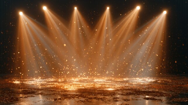 Golden stage spotlights shining on sparkling award ceremony backdrop