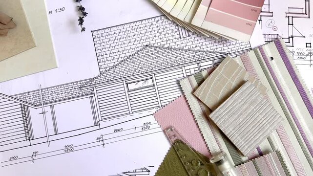 Architectural blueprint with fabric swatches, wood sample and ruler, interior design moodboard, material selection, renovation planning and residential design concept.
