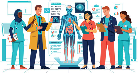 Obraz premium Medical professionals analyzing human body diagram in hospital room with vital signs displayed