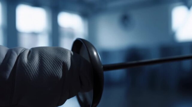 Close-up of gloved hand gripping fencing sword with polished guard inside indoor training hall, cool window light, textured fabric, metal reflections, shallow focus