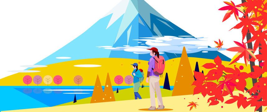 富士山と紅葉の美しい湖畔をトレッキングする2人の女性のベクターイラスト
