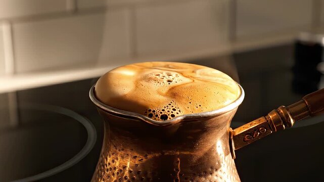Closeup of traditional Turkish coffee brewing process underway