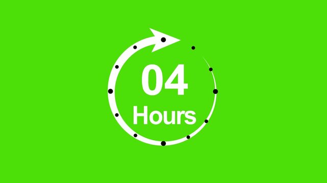 4 hours countdown timer animation with circular progress arrow on green screen for easy chroma key compositing and time management projects