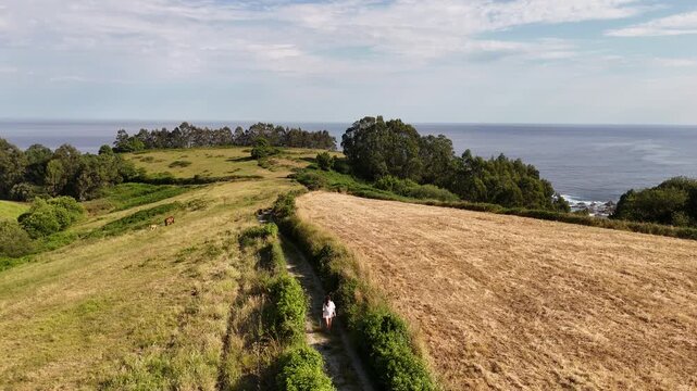 Drone shot of a model released woman walking between fields near the sea