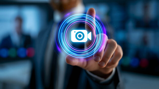 A man in a business suit presses a neon holographic camera icon in the form of a glowing circle, a concept of video communication, online conferences, and streaming.