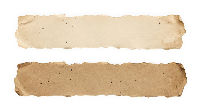 Two old torn paper strips with grunge texture, isolated on transparent background