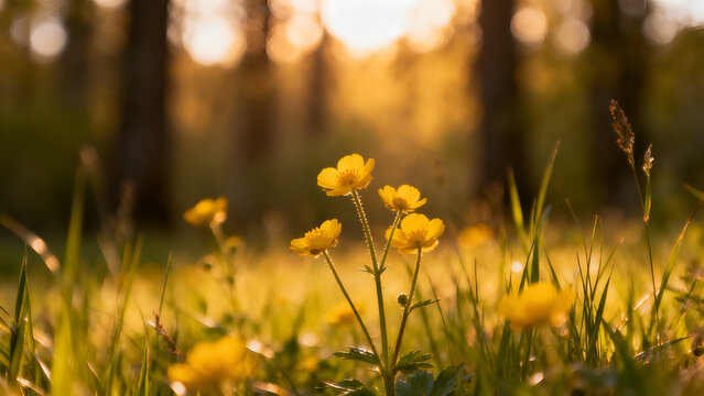 Abstract Soft Focus Sunset Meadow with Yellow Wildflowers and Golden Hour Light in a Tranquil Spring Summer Landscape
