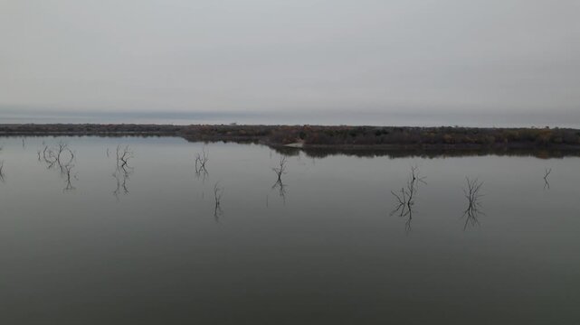 Aerial video of Lake Lavon, Texas on a dreary rainy day
