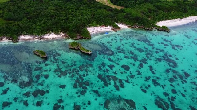 Aerial Drone View of Crystal Clear Blue Ocean, Sandy Beach and Tropical Trees in Okinawa