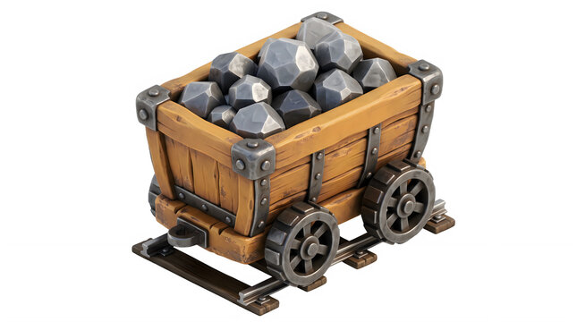 Stylized 3D Mine Cart with Rocks on Tracks Isolated on Black